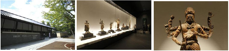 左から和風建物の「東大寺ミュージアム」、仏像の展示、仏像